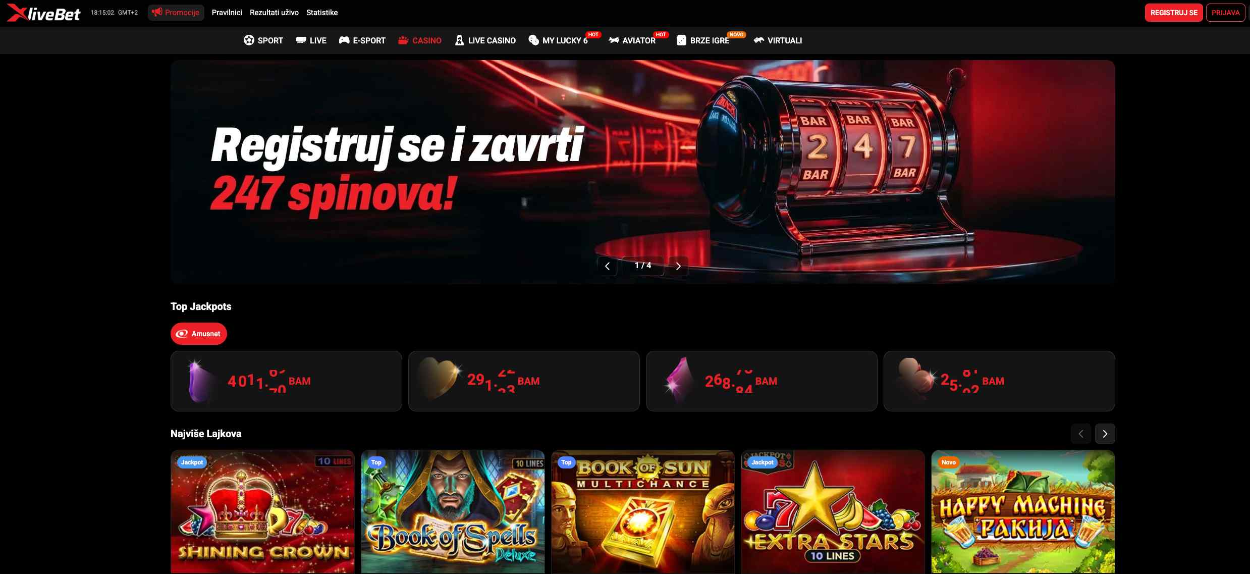 XliveBet casino početna stranica s kategorijama, promocijom i jackpot slotovima