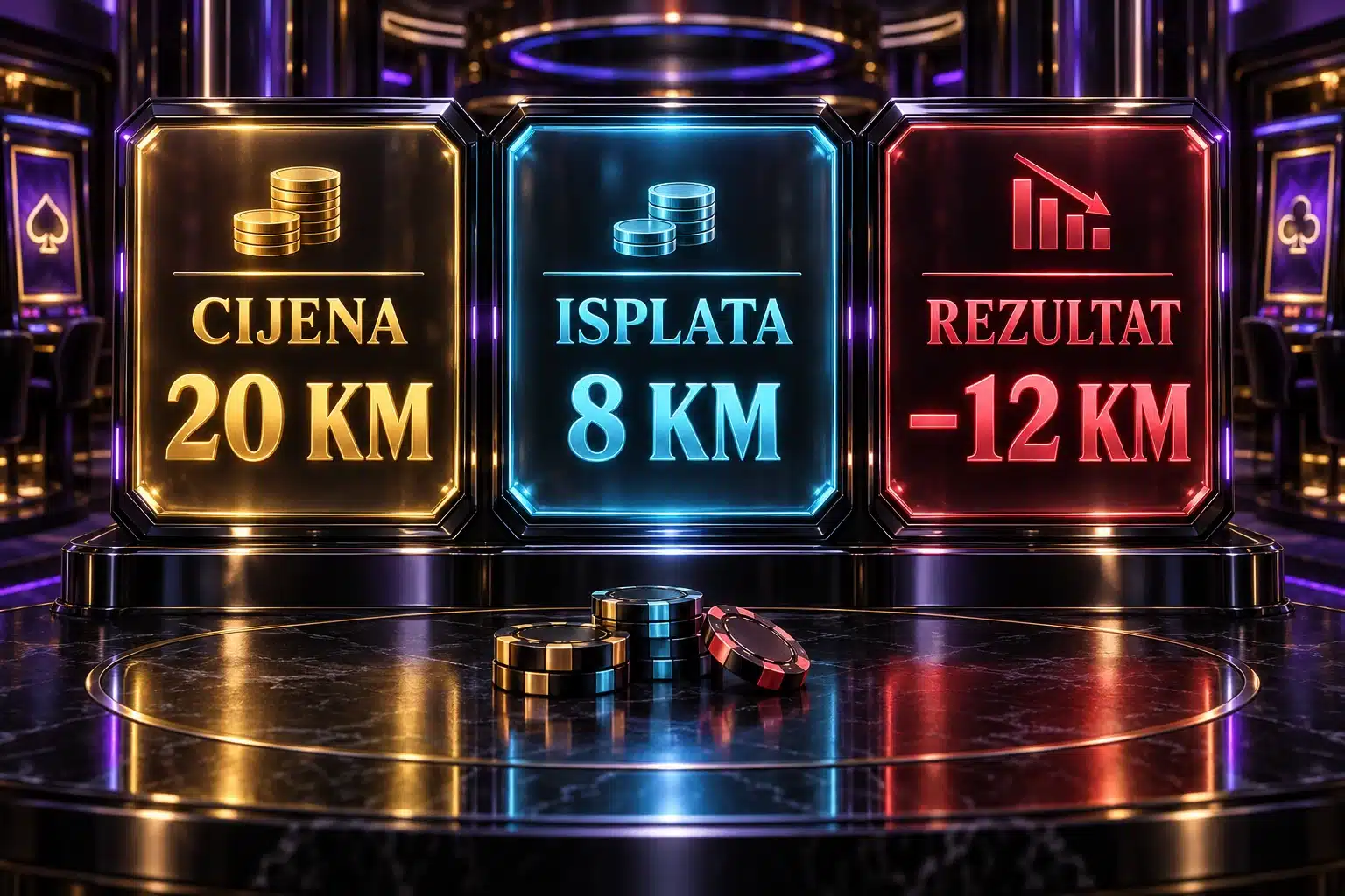 Hipotetički rezultat bonus buy runde: cijena 20 KM, isplata 8 KM, neto minus 12 KM